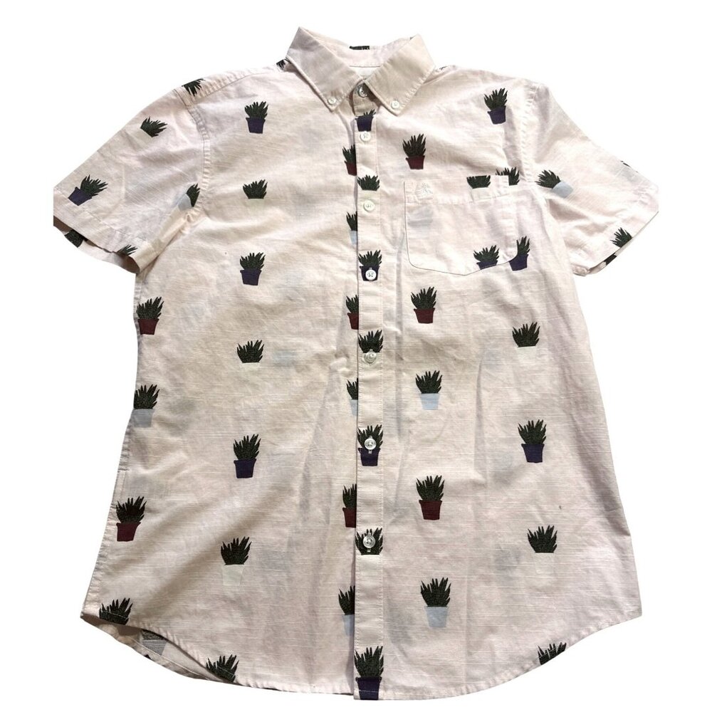 Men's Penguin Pink Shirt Potted Plant Button Down Green Thumb